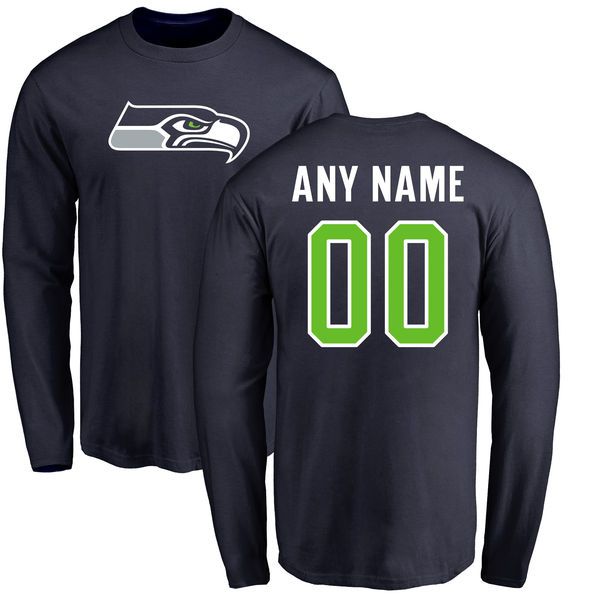Men Seattle Seahawks NFL Pro Line Navy Any Name and Number Logo Custom Long Sleeve T-Shirt->->Sports Accessory